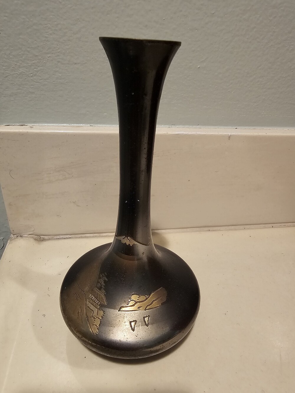 Black Decorative Brass-Inlay Bud Vase